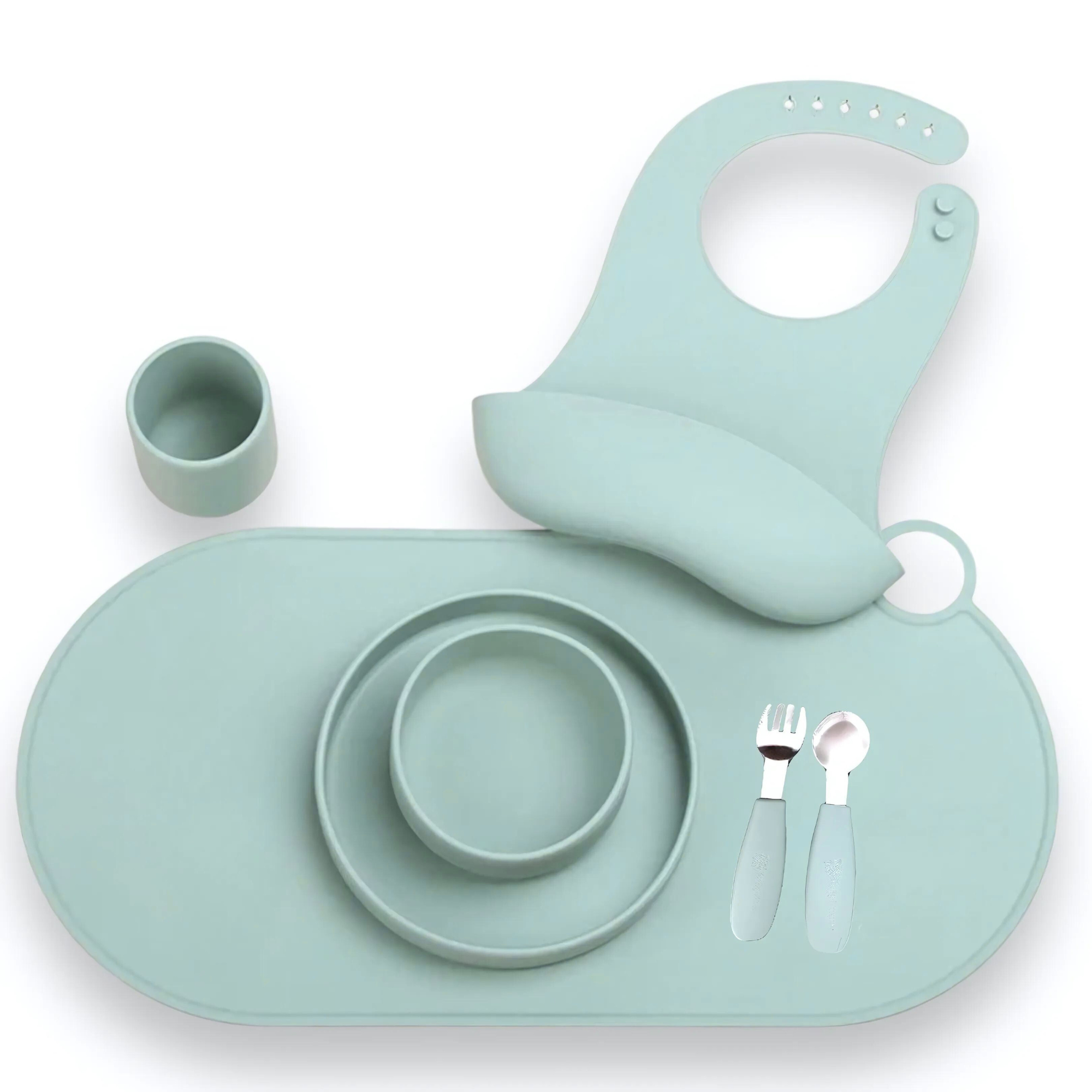 Silicone Feeding Set Sage Bamboo Monkey Blue