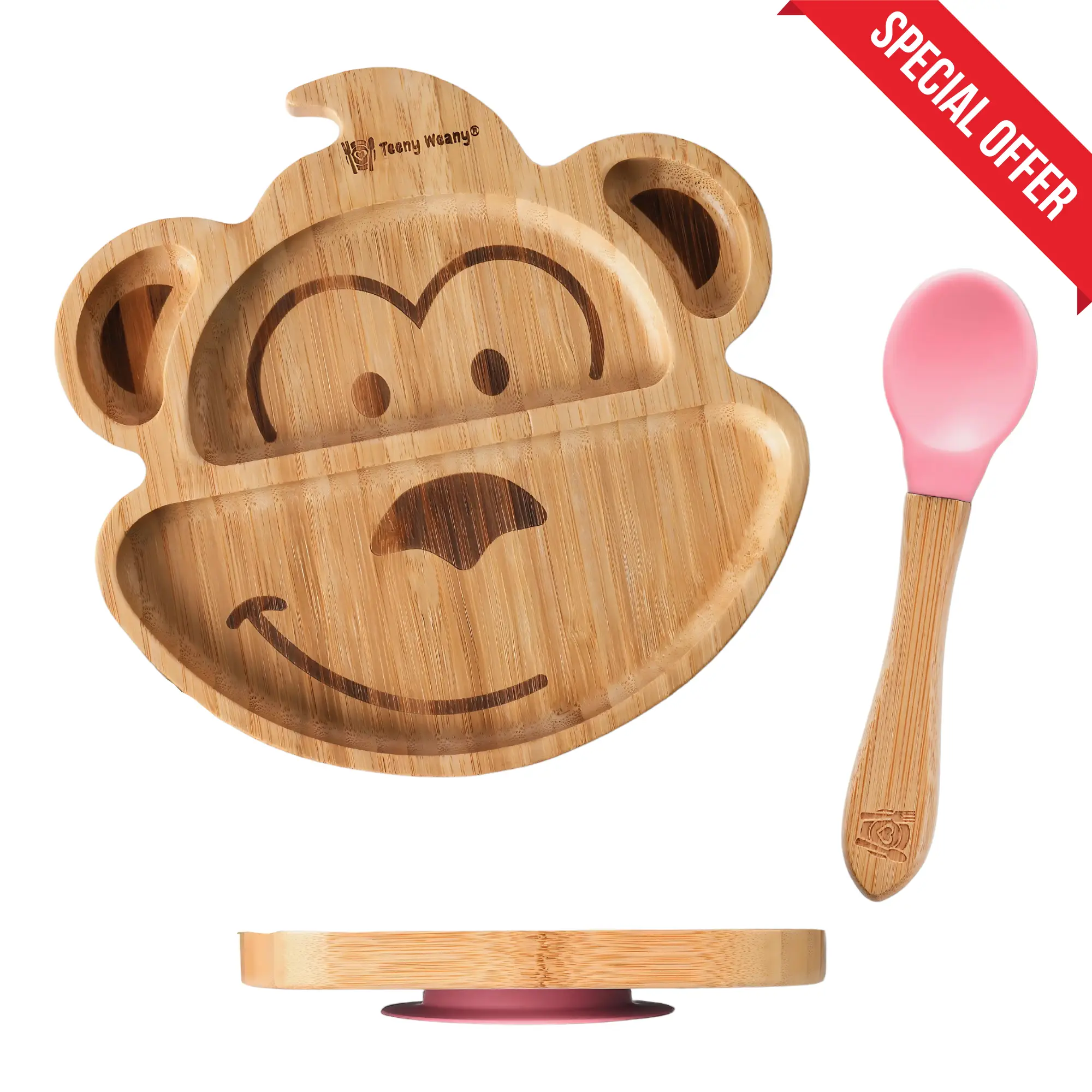 Bamboo Toddler Plate with Suction Bamboo Monkey Pink